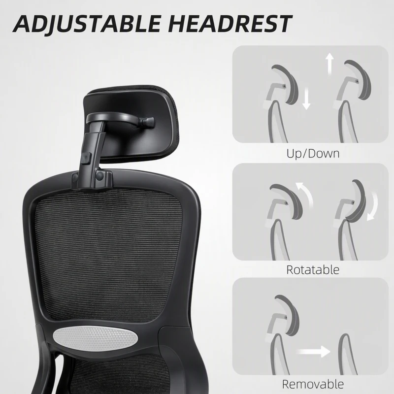 HOMCOM Ergonomic Mesh Office Chair, High Back Desk Chair with Rotatable Headrest, Flip-Up Armrests, Lumbar Support, Black
