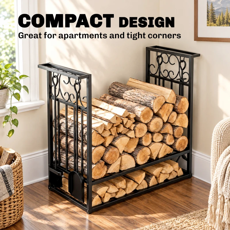 HOMCOM 29.5" x 11.75" x 23.5" Heavy Duty Firewood Wood Log Rack Vintage Design Firewood Storage Shelf w/ 4 Tools, Black