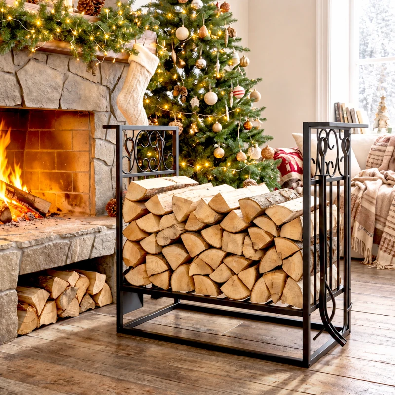 HOMCOM 29.5" x 11.75" x 23.5" Heavy Duty Firewood Wood Log Rack Vintage Design Firewood Storage Shelf w/ 4 Tools, Black