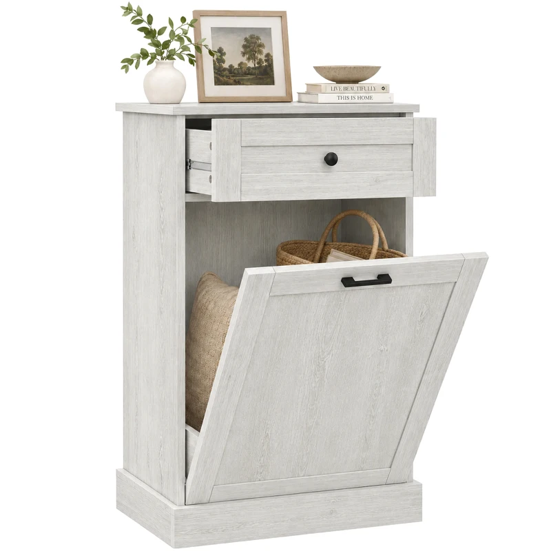 HOMCOM Kitchen Tilt Out Trash Bin Cabinet Free Standing Storage Cabinet with Drawer, Light Gray