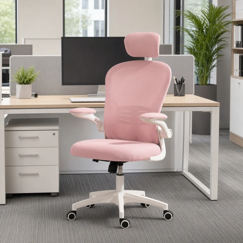 Vinsetto Office Chair, Mesh Computer Desk Chair with Adjustable Headrest, 4D Lumbar Support, Flip-up Arm, Pink