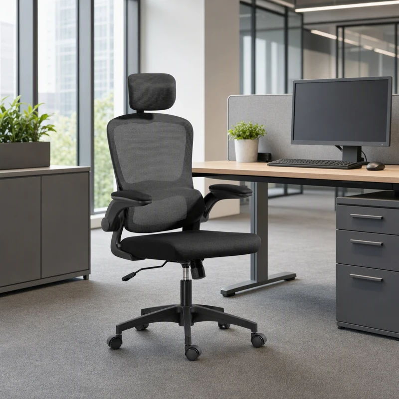 HOMCOM Ergonomic Mesh Office Chair, High Back Desk Chair with Rotatable Headrest, Flip-Up Armrests, Lumbar Support, Black