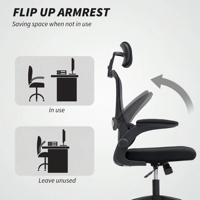 HOMCOM Ergonomic Mesh Office Chair, High Back Desk Chair with Rotatable Headrest, Flip-Up Armrests, Lumbar Support, Black