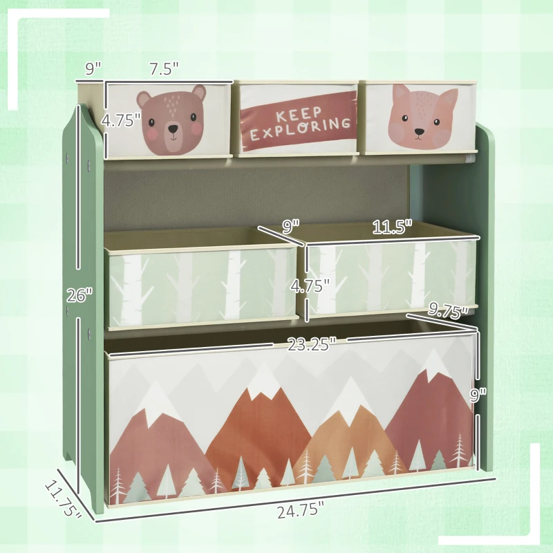 Qaba Toy Storage Organizer with 6 Storage Bins and 3-Tier Bookshelf, Toy Storage Shelf for Bedroom, Animal Design, Green