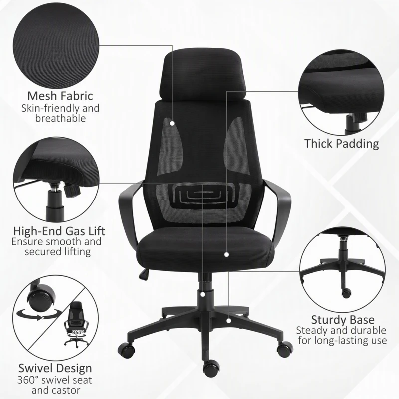Vinsetto Mesh Office Chair with Up&Down Headrest, Ergonomic Computer Desk Chair with Adjustable Tilt Angle, Height Adjustable Swivel Seat with Lumbar Support for Office, Black