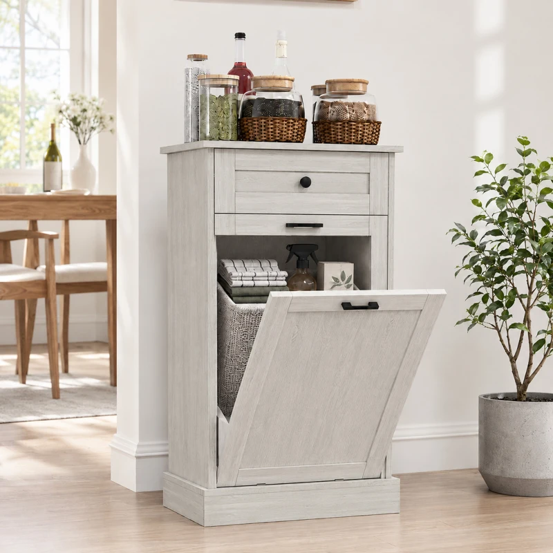 HOMCOM Kitchen Tilt Out Trash Bin Cabinet Free Standing Storage Cabinet with Drawer, Light Gray