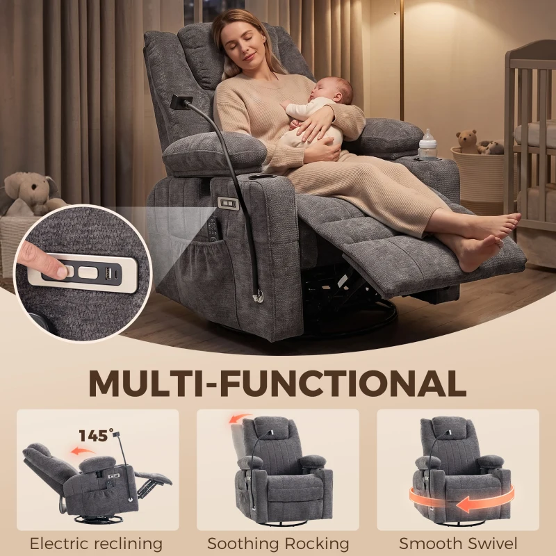 HOMCOM Swivel Rocker Power Recliner Chair with Massage Heat 2D Armrests Adjustable Headrest Phone Holder USB Port, Dark Gray