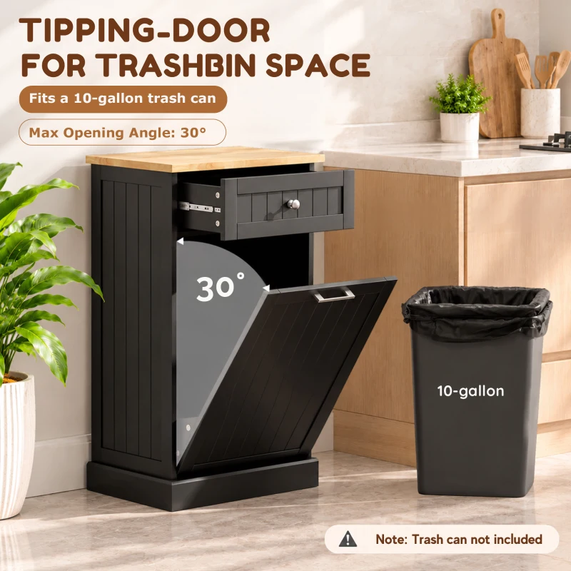 HOMCOM 10 Gallon Tilt Out Trash Cabinet, Wooden Hidden Trash Can with Storage Drawer for Kitchen, Laundry Hamper Cabinet for Bathroom, Black