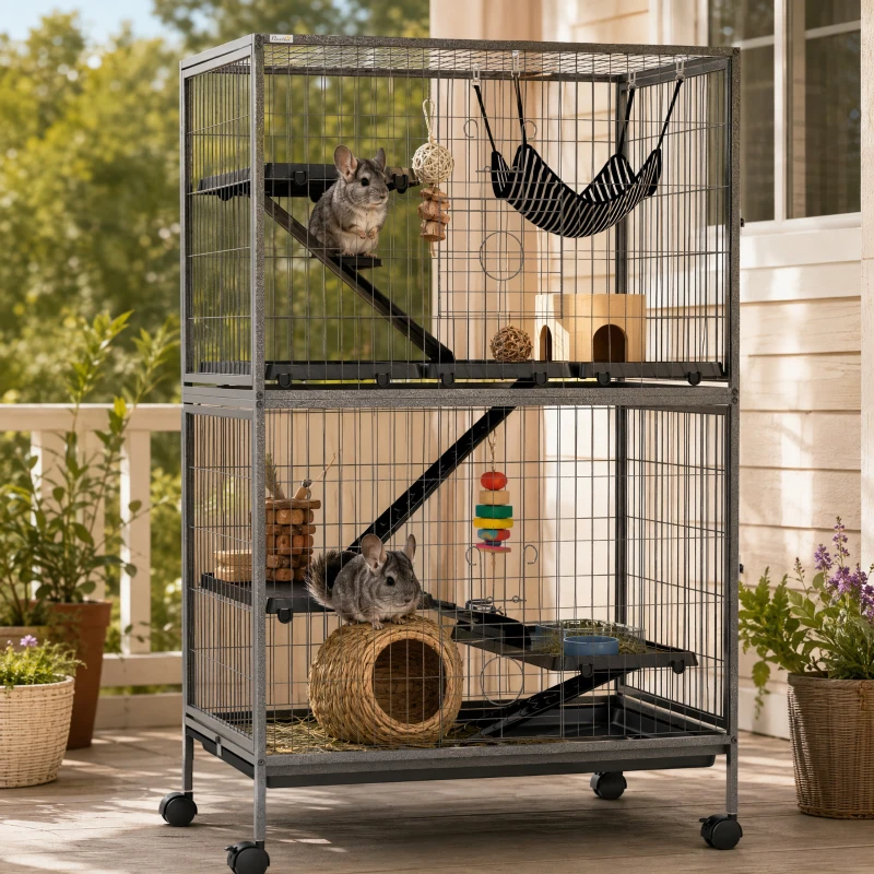 PawHut 50" H Rolling Small Animal Cage with Hammock, Ferret Cage, Chinchilla Cage, Pet Habitat with 4 Doors, Removable Tray