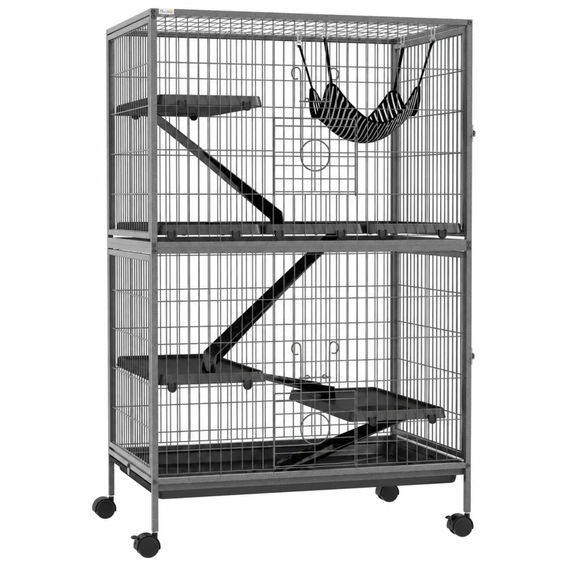 PawHut 50" H Rolling Small Animal Cage with Hammock, Ferret Cage, Chinchilla Cage, Pet Habitat with 4 Doors, Removable Tray