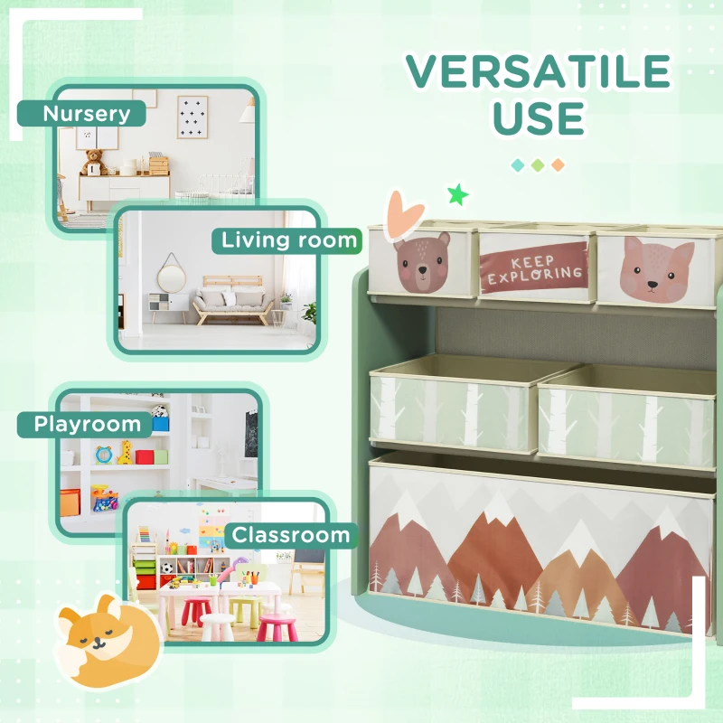 Qaba Toy Storage Organizer with 6 Storage Bins and 3-Tier Bookshelf, Toy Storage Shelf for Bedroom, Animal Design, Green