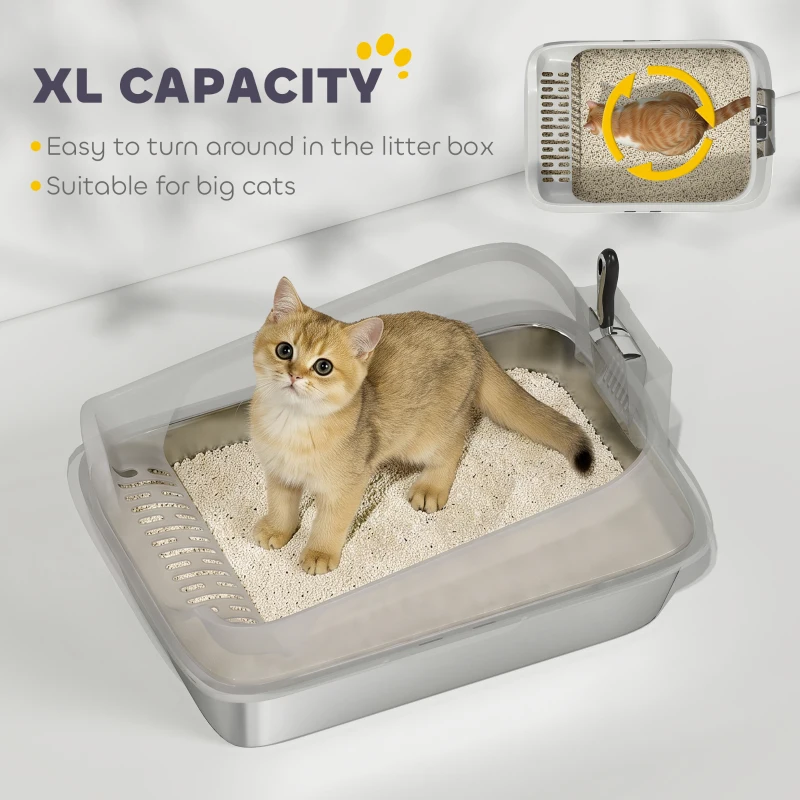 PawHut Cat Litter Box Stainless Steel with Metal Litter Scoop, Never Absorbs Odors, Anti Leakage, 24" x 16" x 12", Grey