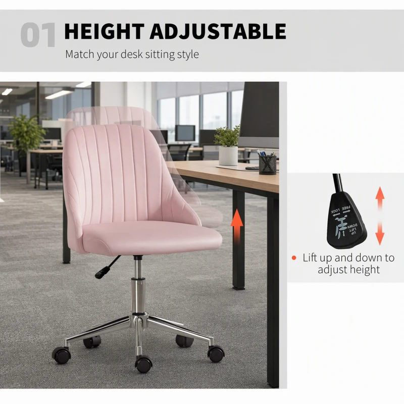 Vinsetto Velvet Office Chair with Adjustable Height, Swivel Wheels for Office, Pink