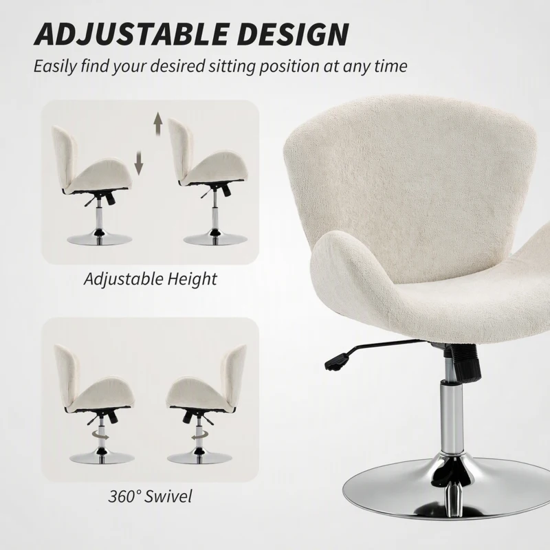 HOMCOM Swivel Office Chair, Velvet Desk Chair with Wide Bucket Seat, Butterfly Back, Tilt Function and Round Base, Cream White
