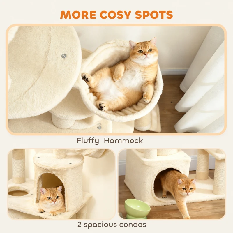 PawHut 67" Large Cat Tree with 7 Scratching Posts, Tunnel, 2 Condos, Hammock, Perch, Ramp, Pompoms, Beige