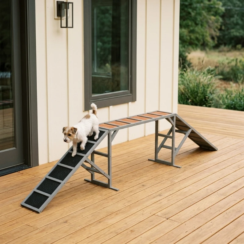 PawHut Dog Agility Equipment Ramp with Safety Bar, Non-slip Surface, for Walk and Pause Training, Gray