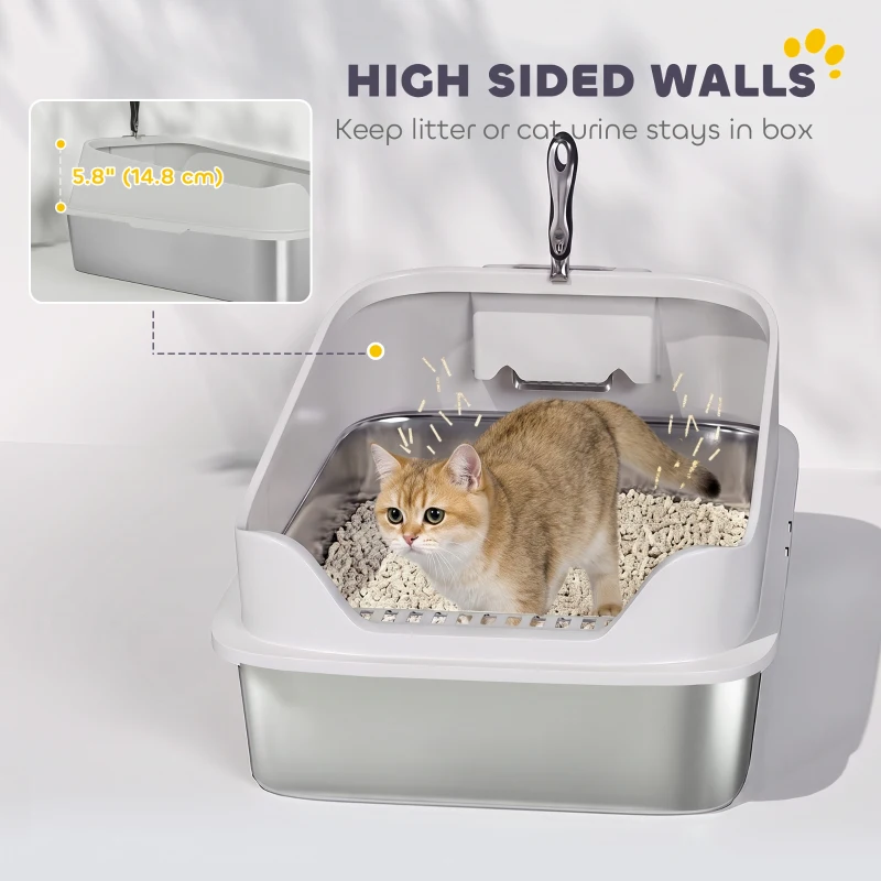 PawHut Cat Litter Box Stainless Steel with Metal Litter Scoop, Never Absorbs Odors, Anti Leakage, 24" x 16" x 12", Grey