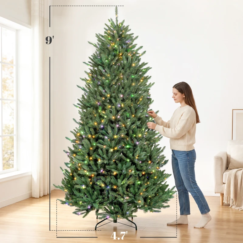 HOMCOM 9ft Prelit Christmas Tree, Colorado Blue Spruce, Easy Plug, Hinged Xmas Tree with Warm White & Multi-Color LED Lights