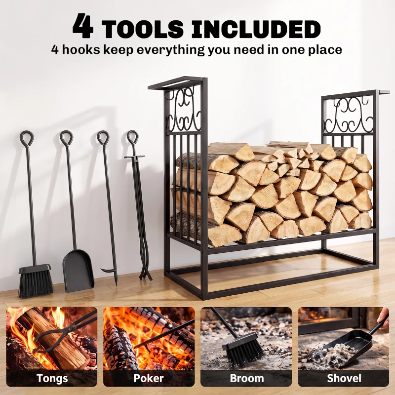 HOMCOM 29.5" x 11.75" x 23.5" Heavy Duty Firewood Wood Log Rack Vintage Design Firewood Storage Shelf w/ 4 Tools, Black