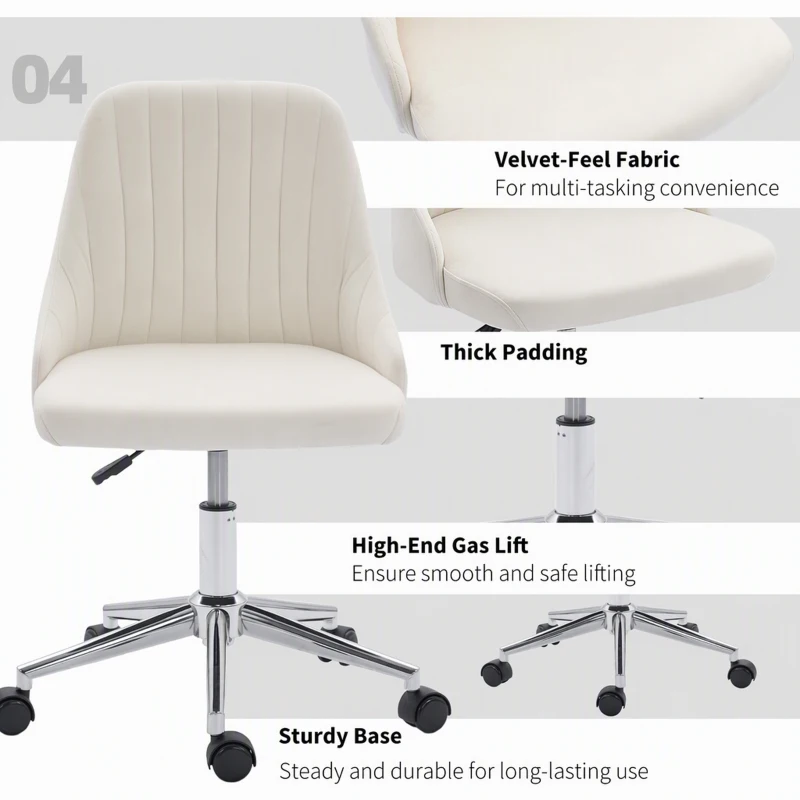 Vinsetto Velvet Office Chair with Adjustable Height, Swivel Wheels for Office, Cream