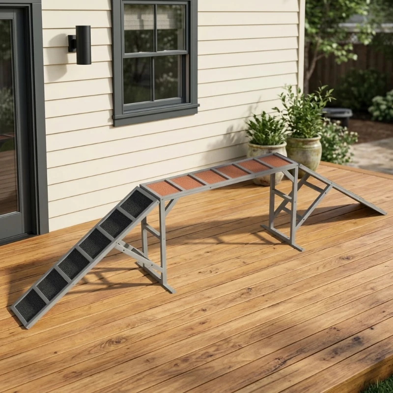 PawHut Dog Agility Equipment Ramp with Safety Bar, Non-slip Surface, for Walk and Pause Training, Gray