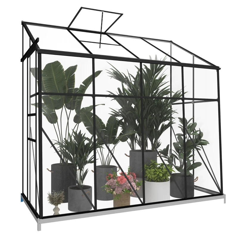 Outsunny 8' x 4' Walk-in Polycarbonate Greenhouse, Lean-to Aluminum Green House with Rain Gutter and Foundation, Black