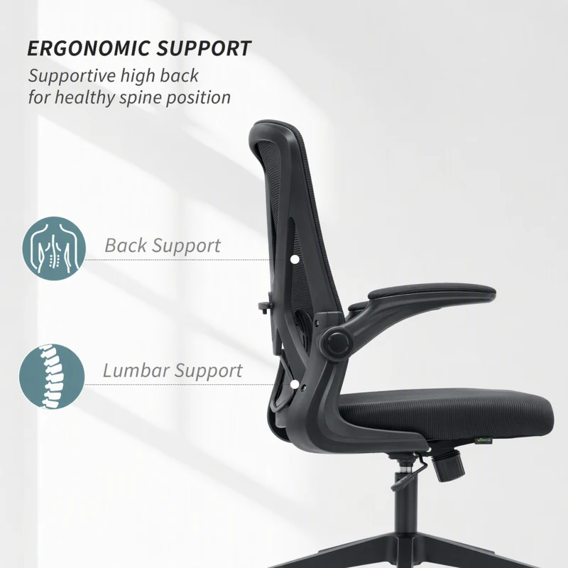 Vinsetto Mesh Office Chair, Swivel Desk Chair with Lumbar Back Support, Adjustable Height, Flip-Up Arm, Black