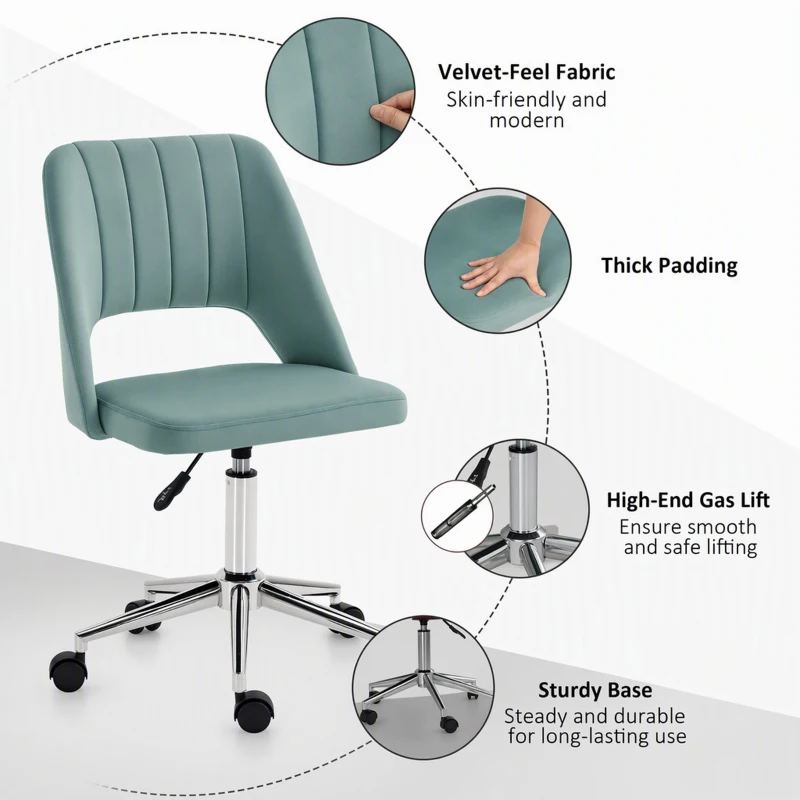 Vinsetto Mid Back Office Chair Velvet Fabric Swivel Scallop Shape Computer Desk Chair, Green