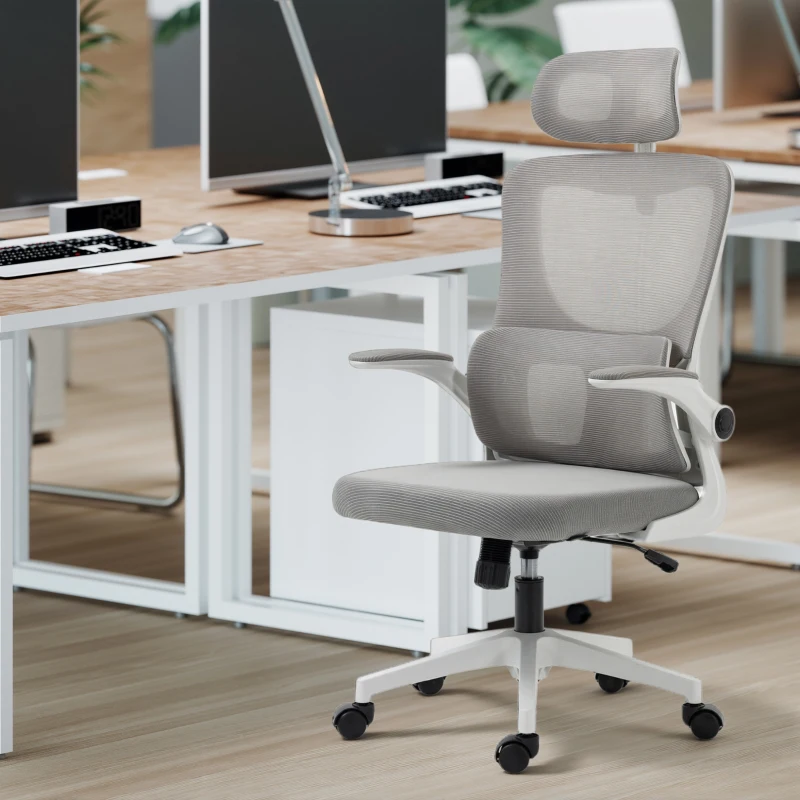 Vinsetto Ergonomic Office Chair, Mesh Computer Desk Chair with Adjustable Headrest, 4D Lumbar Support, Flip-up Arm, Grey