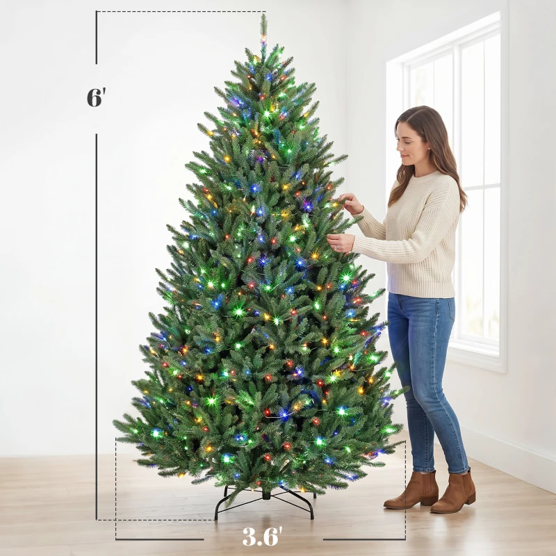 HOMCOM 6ft Prelit Christmas Tree, Colorado Blue Spruce, Easy Plug, Hinged Xmas Tree with Warm White & Multi-Color LED Lights