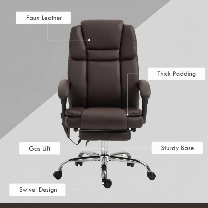 Vinsetto Massage Office Chair, Reclining Executive Office Chair with 6-Point Vibration, Footrest and High Back, Dark Brown