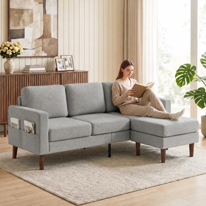 HOMCOM 78" Sectional Sofa, Small L Shaped 3-Seater Couch with Ottoman, Thick Cushions, Pocket Springs, Grey
