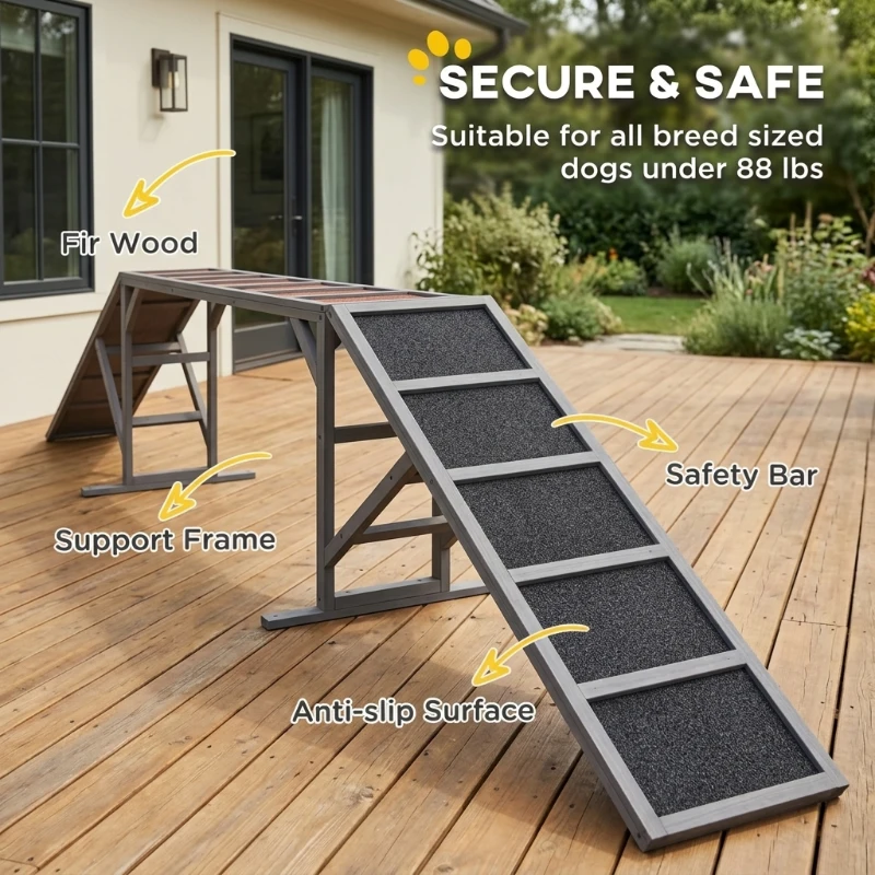 PawHut Dog Agility Equipment Ramp with Safety Bar, Non-slip Surface, for Walk and Pause Training, Gray