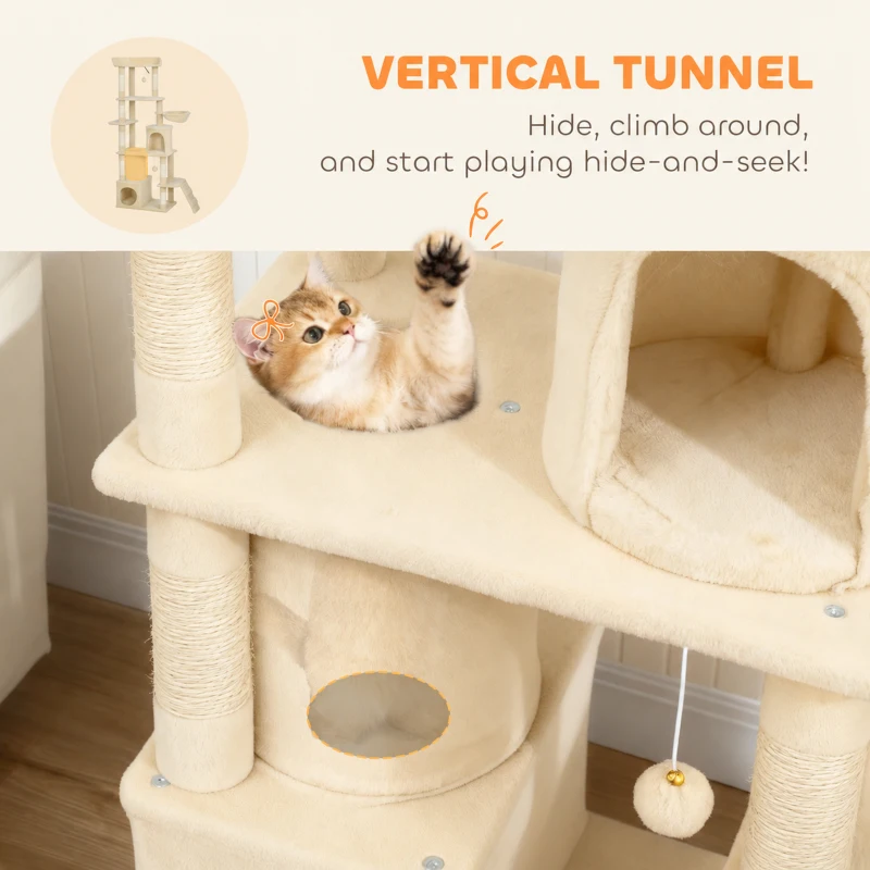 PawHut 67" Large Cat Tree with 7 Scratching Posts, Tunnel, 2 Condos, Hammock, Perch, Ramp, Pompoms, Beige