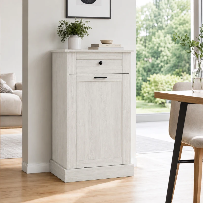 HOMCOM Kitchen Tilt Out Trash Bin Cabinet Free Standing Storage Cabinet with Drawer, Light Gray