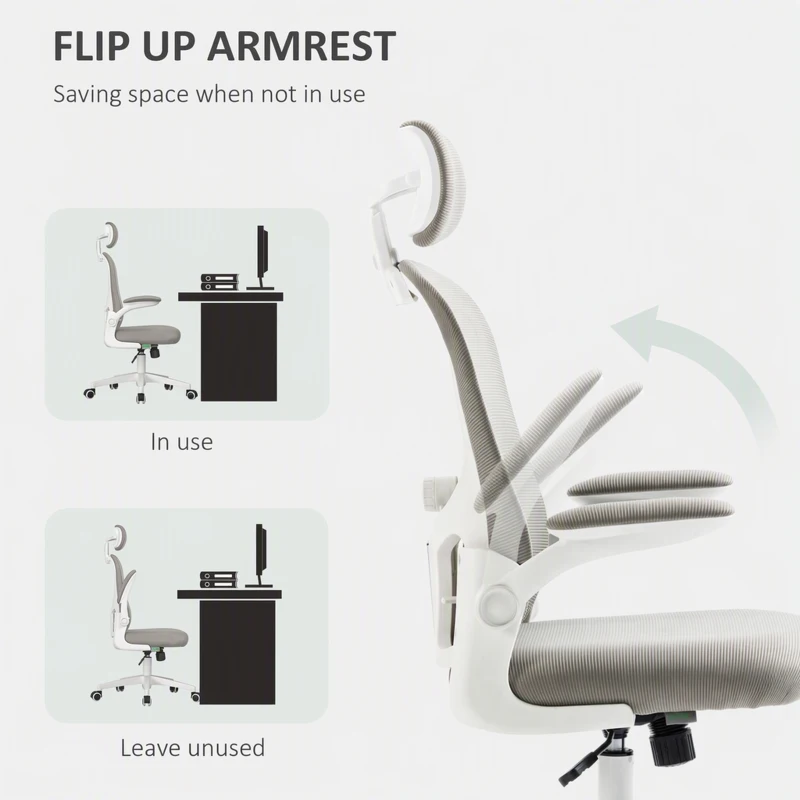 Vinsetto Office Chair, Mesh Computer Desk Chair with Adjustable Headrest, 4D Lumbar Support, Flip-up Arm, Grey