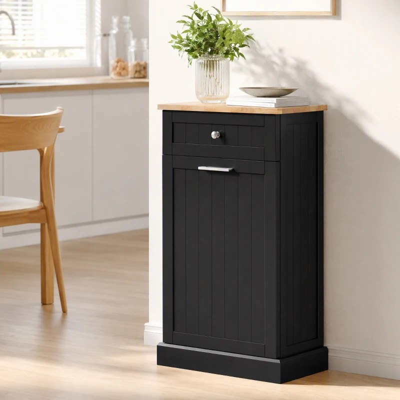 HOMCOM 10 Gallon Tilt Out Trash Cabinet, Wooden Hidden Trash Can with Storage Drawer for Kitchen, Laundry Hamper Cabinet for Bathroom, Black