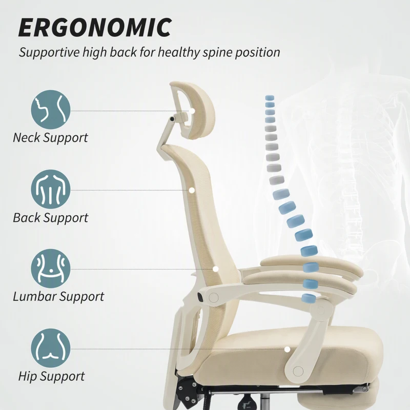 HOMCOM Ergonomic Office Chair, Mesh Reclining Desk Chair with Adjustable Lumbar Support, Headrest, Beige