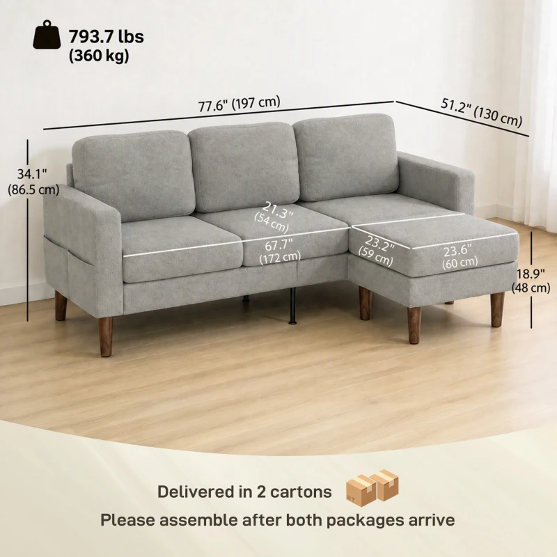 HOMCOM 78" Sectional Sofa, Small L Shaped 3-Seater Couch with Ottoman, Thick Cushions, Pocket Springs, Grey
