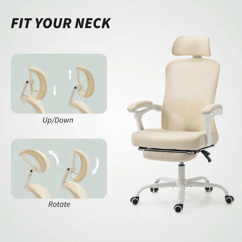 HOMCOM Ergonomic Office Chair, Mesh Reclining Desk Chair with Adjustable Lumbar Support, Headrest, Beige