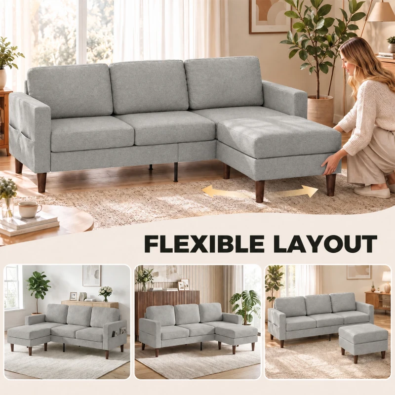 HOMCOM 78" Sectional Sofa, Small L Shaped 3-Seater Couch with Ottoman, Thick Cushions, Pocket Springs, Grey