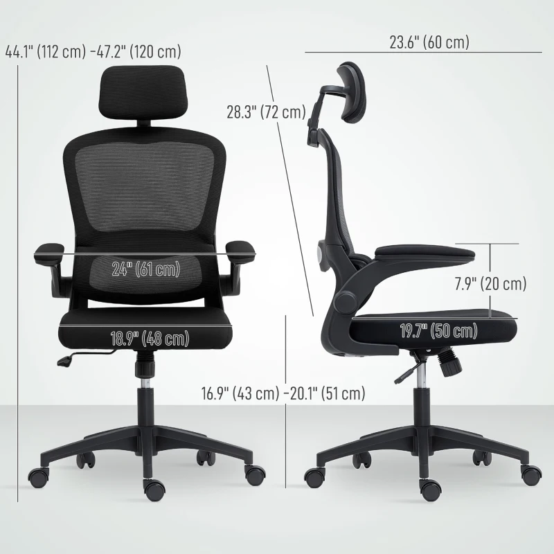 HOMCOM Ergonomic Mesh Office Chair, High Back Desk Chair with Rotatable Headrest, Flip-Up Armrests, Lumbar Support, Black