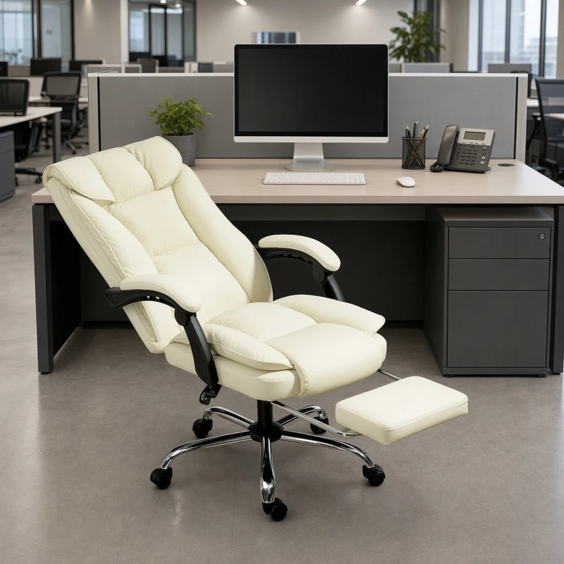 HOMCOM Executive Office Chair, Faux Leather Ergonomic Desk Chair with Footrest, Swivel Recliner, Beige