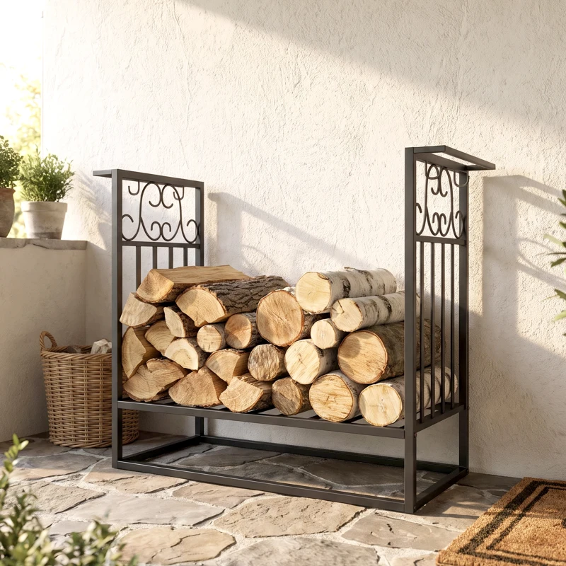HOMCOM 29.5" x 11.75" x 23.5" Heavy Duty Firewood Wood Log Rack Vintage Design Firewood Storage Shelf w/ 4 Tools, Black