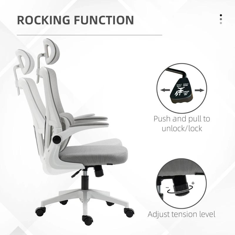 Vinsetto Ergonomic Office Chair, Mesh Computer Desk Chair with Adjustable Headrest, 4D Lumbar Support, Flip-up Arm, Grey