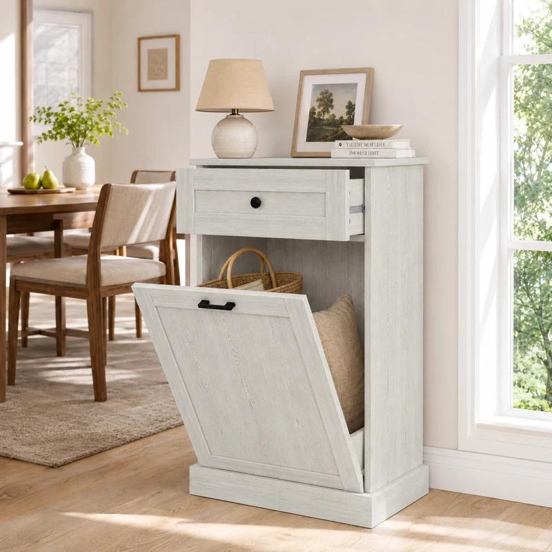HOMCOM Kitchen Tilt Out Trash Bin Cabinet Free Standing Storage Cabinet with Drawer, Light Gray
