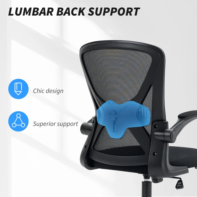 Vinsetto Mesh Office Chair, Swivel Desk Chair with Lumbar Back Support, Adjustable Height, Flip-Up Arm, Black