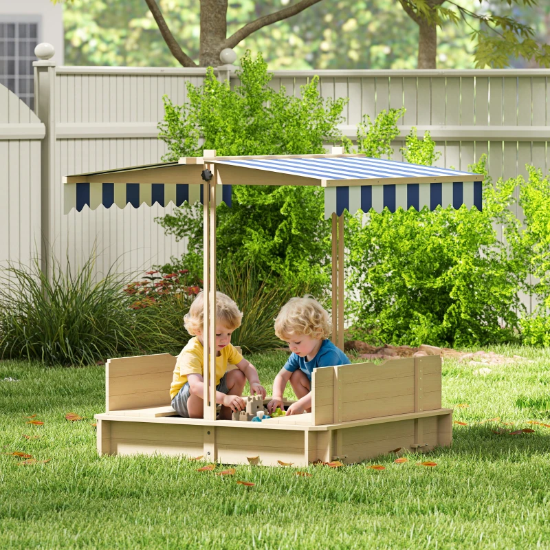 Outsunny Covered Sandbox, Wooden，with Cover Adjustable Canopy, Detachable Seats and Backrests, Kids Sandbox with Convertible Bench Seat, Bottom Liner, Natural Blue