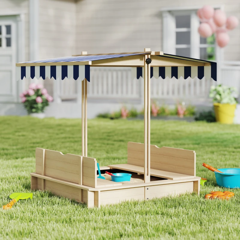 Outsunny Covered Sandbox, Wooden，with Cover Adjustable Canopy, Detachable Seats and Backrests, Kids Sandbox with Convertible Bench Seat, Bottom Liner, Natural Blue
