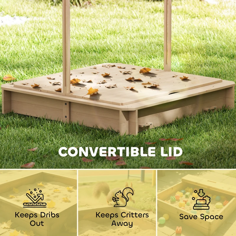 Outsunny Covered Sandbox, Wooden，with Cover Adjustable Canopy, Detachable Seats and Backrests, Kids Sandbox with Convertible Bench Seat, Bottom Liner, Natural Blue
